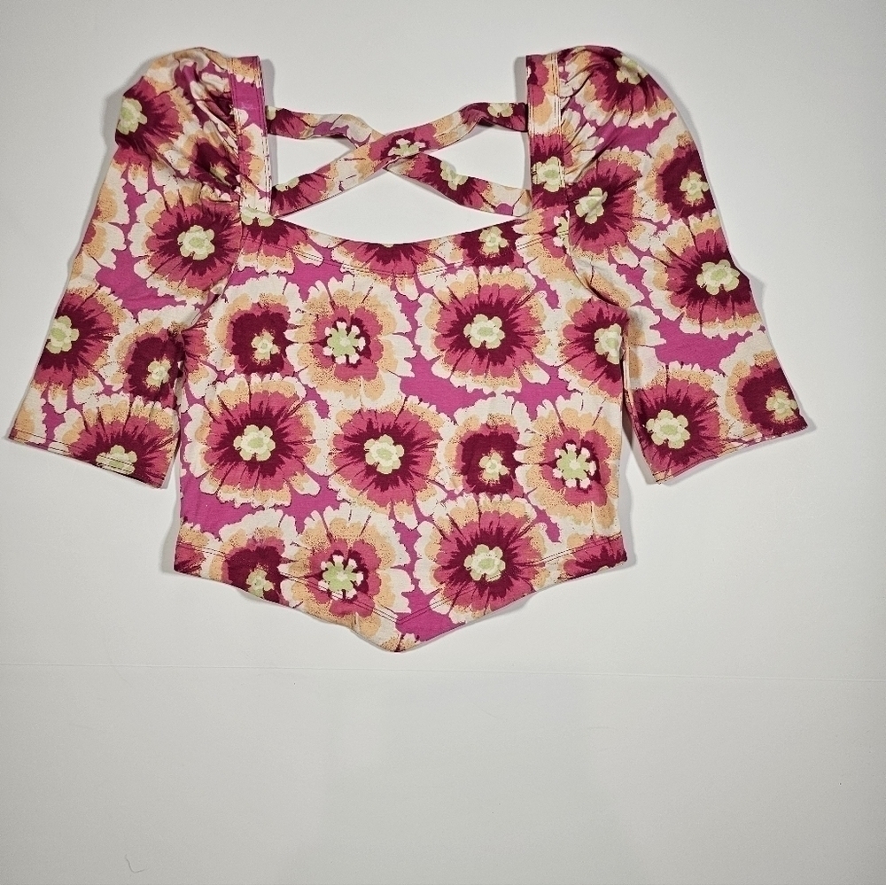 Free People Give Me More Pink Multi Floral Half Sleeve Crop Top Pop Combo Medium